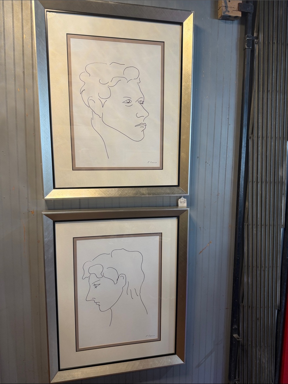 Framed Minimalist Line Art Portraits in Silver and Cream - Set of 2